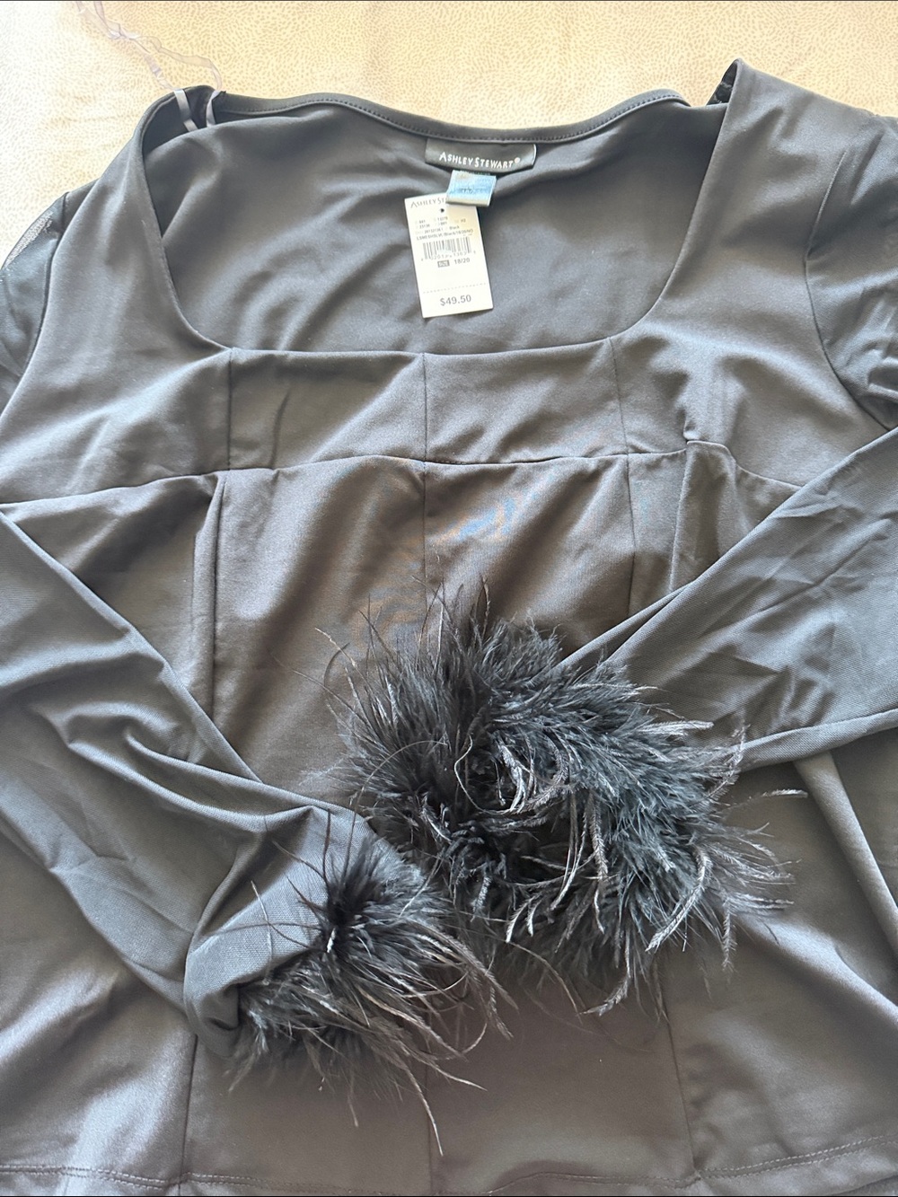 Ashley Stewart Black Long Sleeve Top with Feather Cuffs